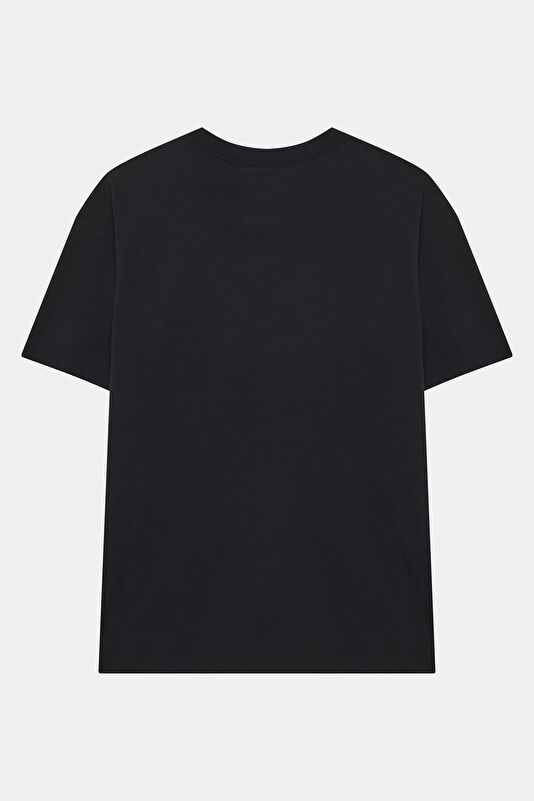 Relax Kalıp Siyah Bisiklet Yaka Baskılı Erkek T-Shirt 2