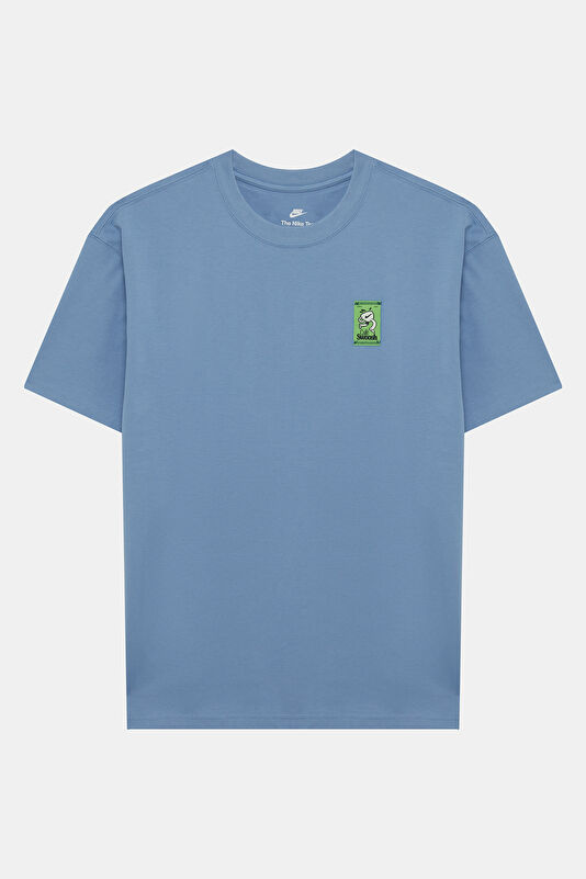 Relax Kalıp Mavi Bisiklet Yaka Baskılı Erkek T-Shirt