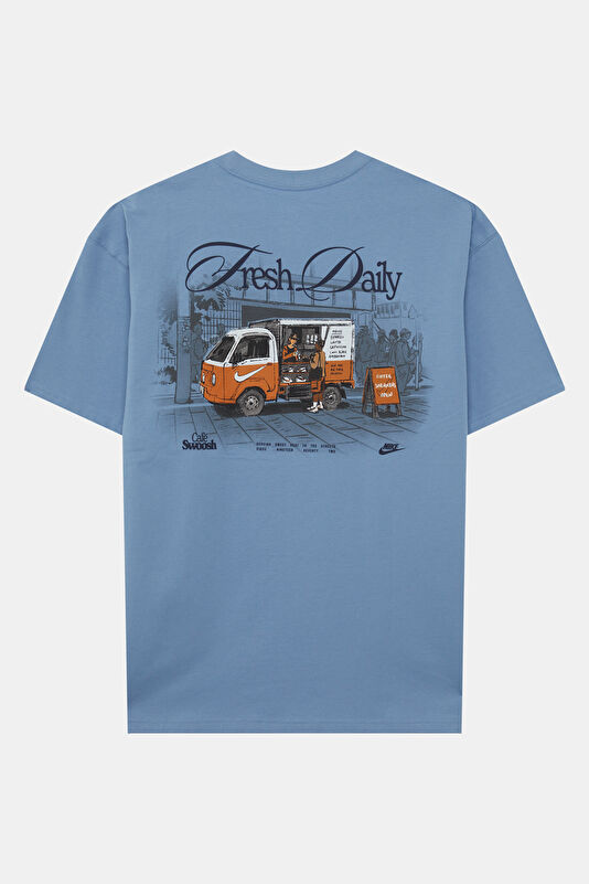 Relax Kalıp Mavi Bisiklet Yaka Baskılı Erkek T-Shirt 2