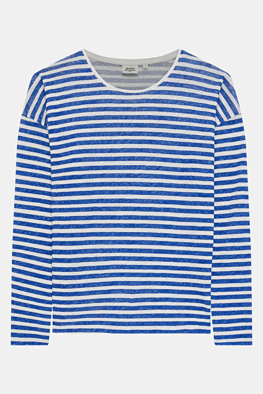 Beyaz Kayık Yaka Çizgili Desenli Kadın T-Shirt