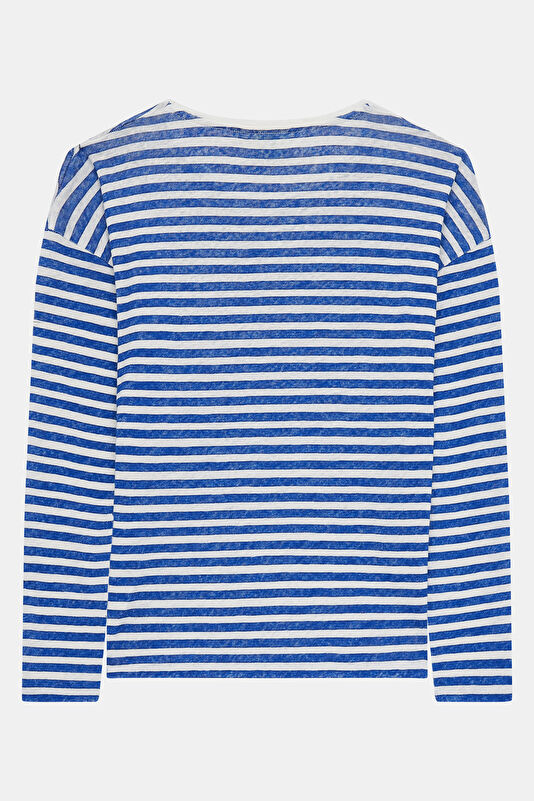 Beyaz Kayık Yaka Çizgili Desenli Kadın T-Shirt 2
