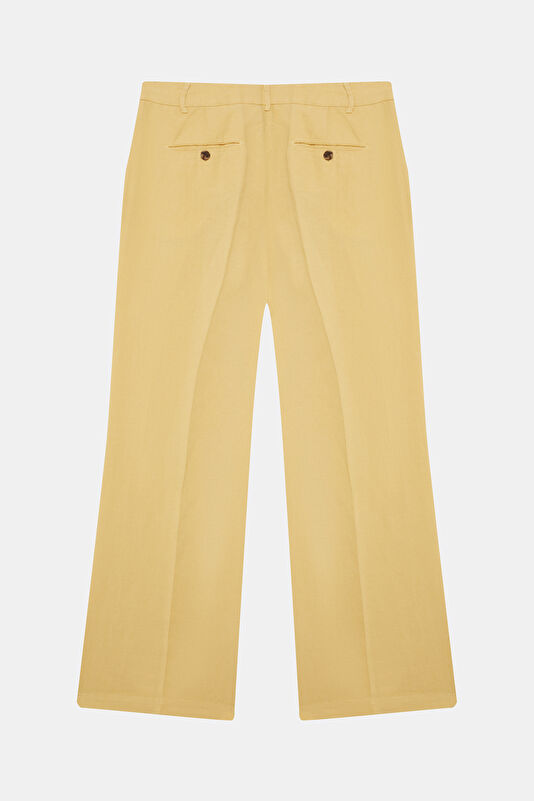 Açık Sarı Flare Wide Leg Keten Kadın Pantolon 2