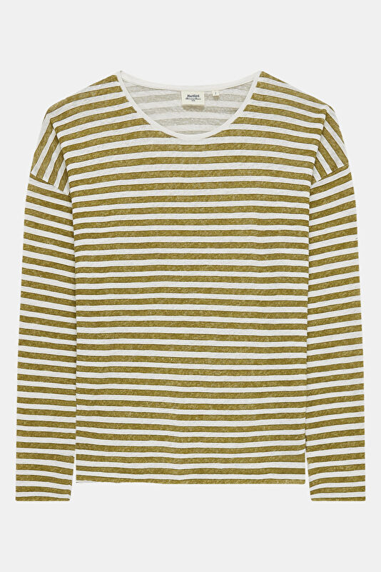 Beyaz Kayık Yaka Çizgili Desenli Kadın T-Shirt