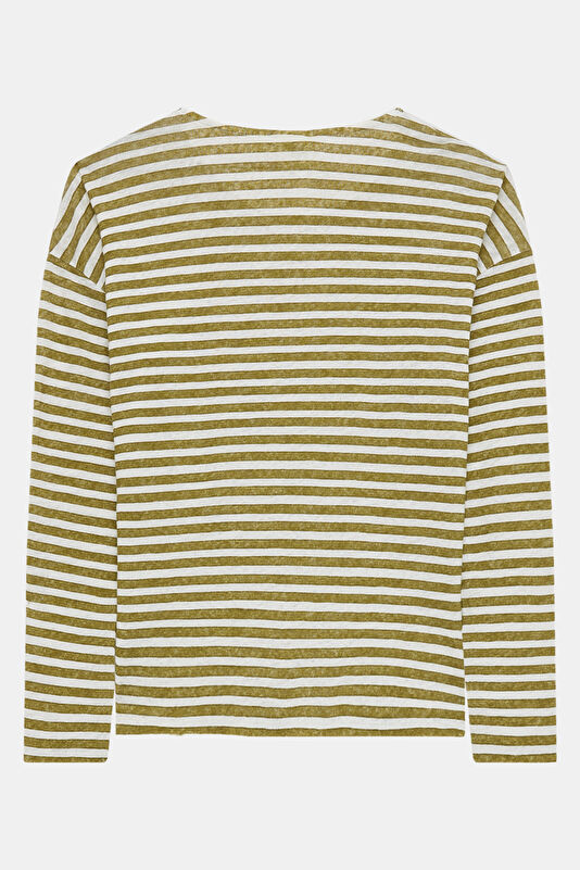 Beyaz Kayık Yaka Çizgili Desenli Kadın T-Shirt 2