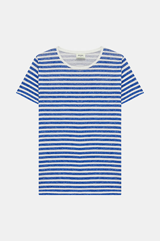 Mavi O Yaka Çizgili Desenli Kadın T-Shirt
