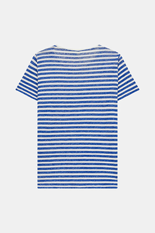 Mavi O Yaka Çizgili Desenli Kadın T-Shirt 2