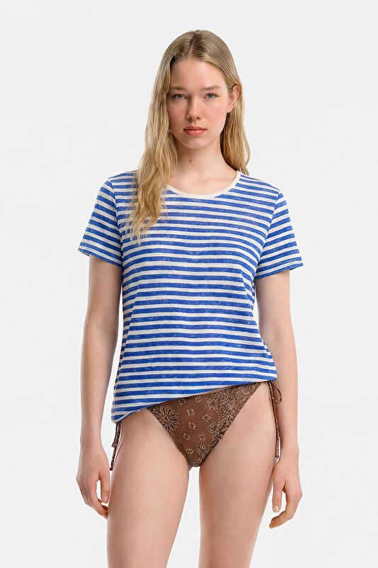 Blue Crew Neck Striped Pattern Women's T-Shirt