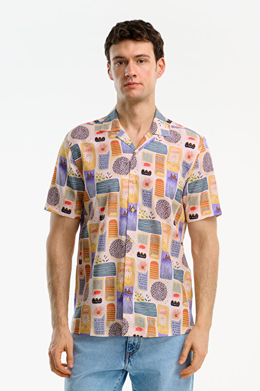 Multicolored Patterned Resort Collar Men's Shirt