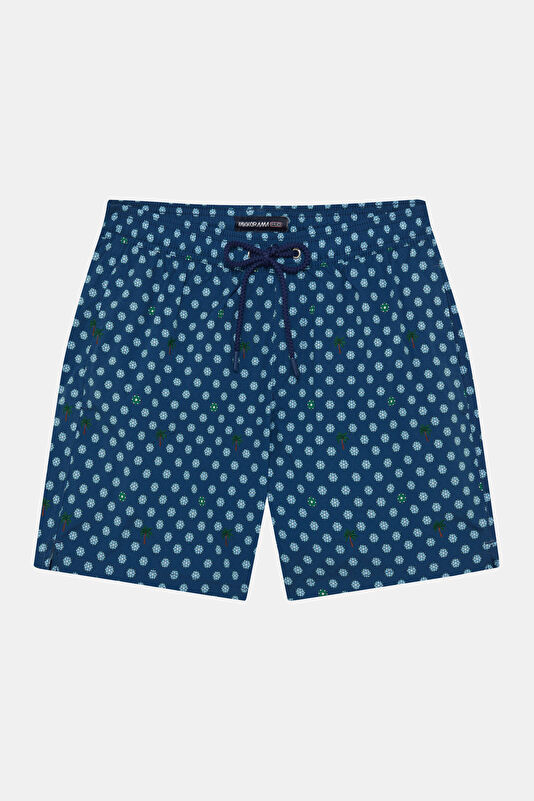 Navy Blue Design Filled Elastic Swimsuit