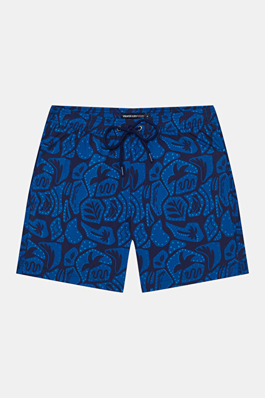 Navy Blue Design Filled Elastic Swimsuit