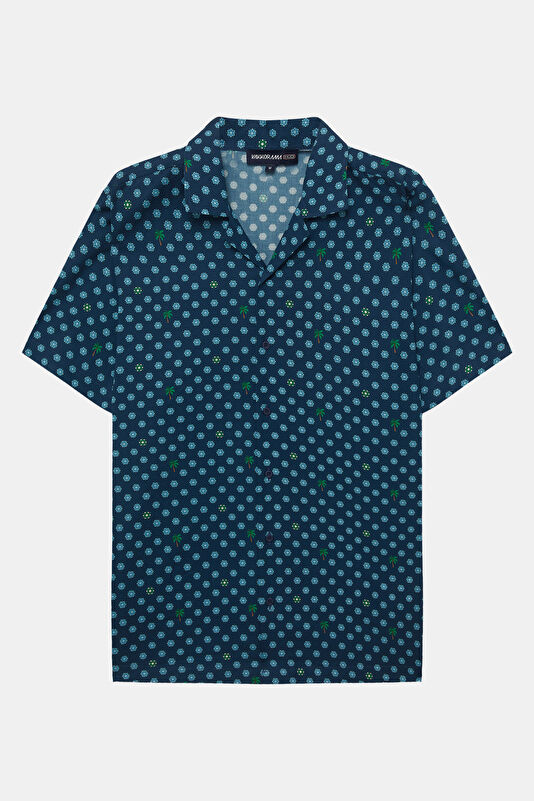 Navy Blue Patterned Resort Collar Men's Shirt