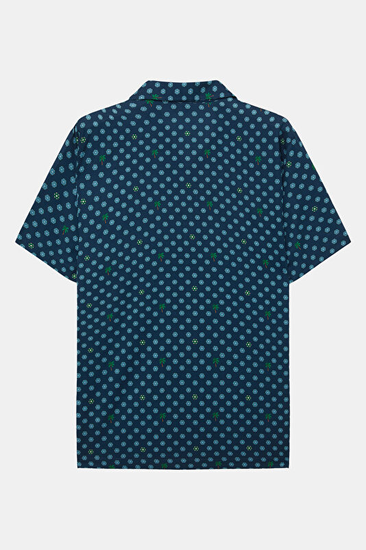 Navy Blue Patterned Resort Collar Men's Shirt 2