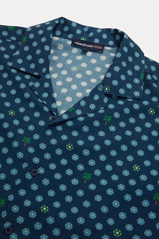 Navy Blue Patterned Resort Collar Men's Shirt 3
