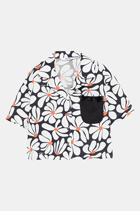 White Patterned High Neck Kids Shirt