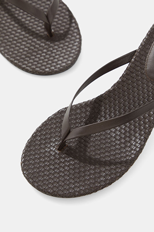 Woven Thong Koyu Kahve Deri Kadın Topuklu Ayakkabı 4