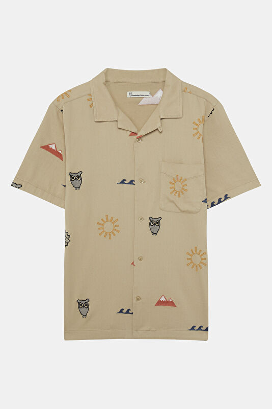 Relax Fit Beige Embroidered Resort Collar Men's Shirt