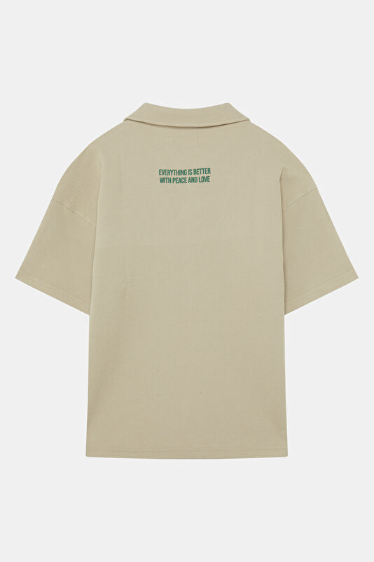 Relax Fit Beige Polo Neck Printed Men's T-Shirt 2