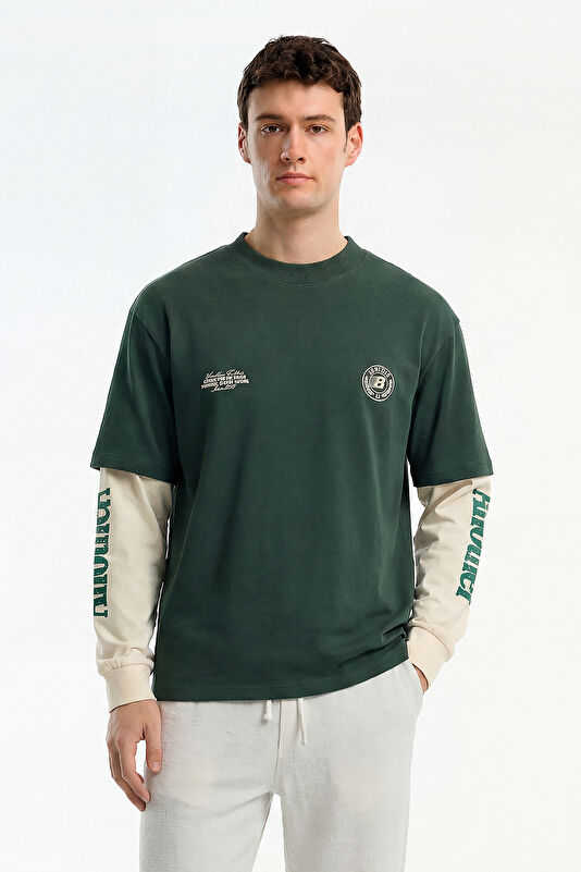 Men's Relaxed Fit Green Crew Neck Printed T-Shirt
