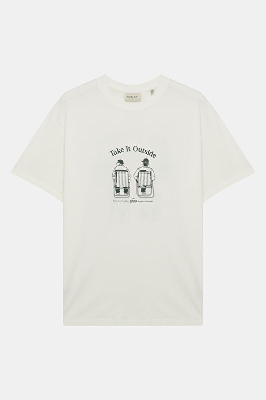 Relax Fit White Crew Neck Printed Men's T-Shirt