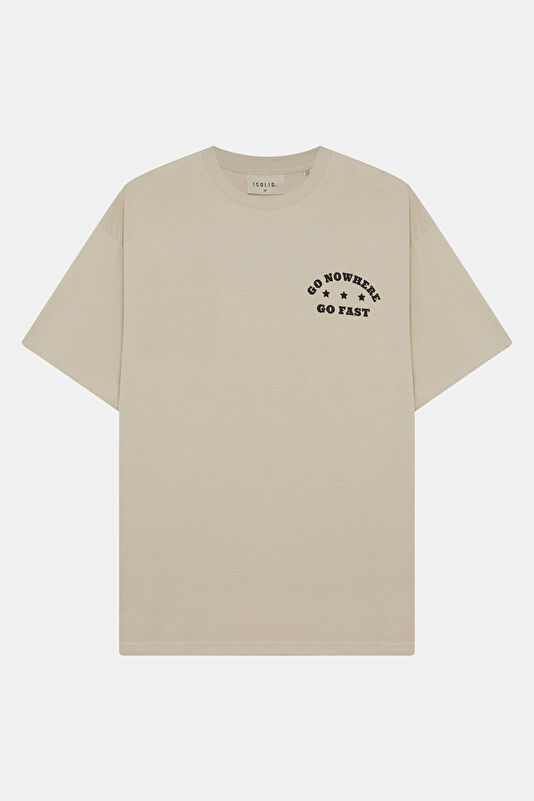 Relax Kalıp Krem Bisiklet Yaka Baskılı Erkek T-Shirt