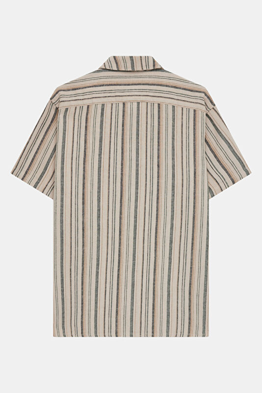 Beige Striped Resort Collar Men's Shirt 2