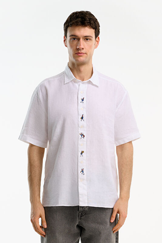 Relax Fit White Embroidered Men's Shirt