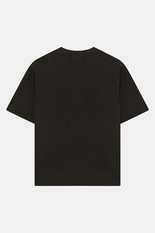 Relax Kalıp Siyah Bisiklet Yaka Baskılı Erkek T-Shirt 2