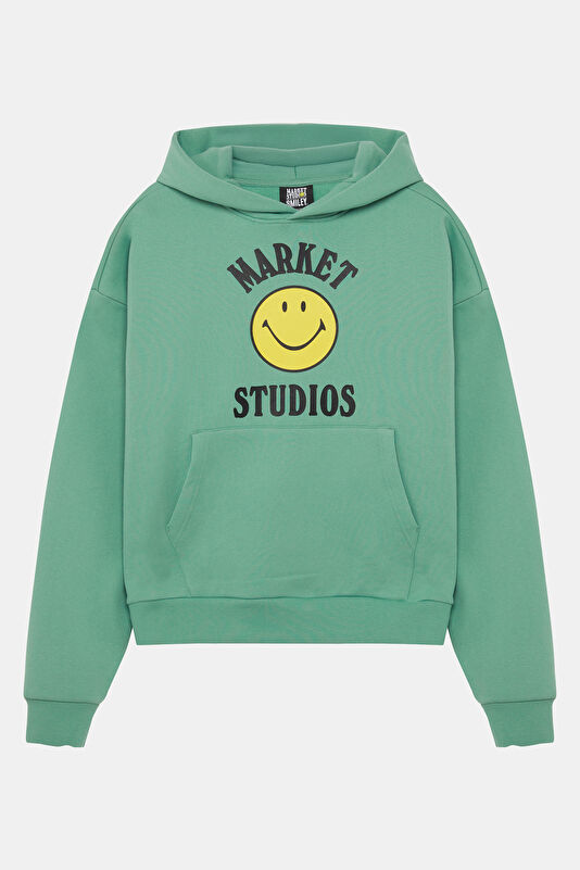 Yeşil Relax Kalıp Kapuşonlu Erkek Sweatshirt