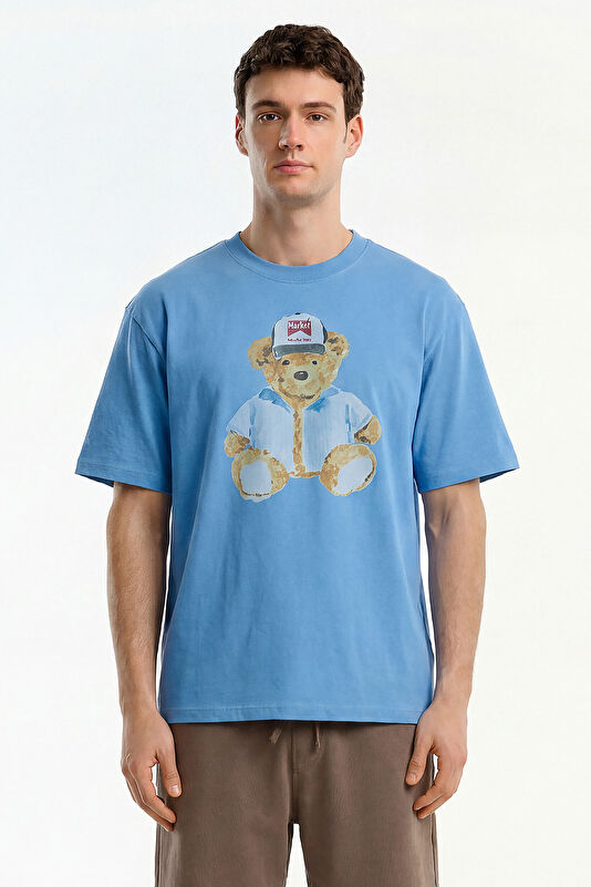 Men's Relaxed Fit Blue Crew Neck Printed T-Shirt