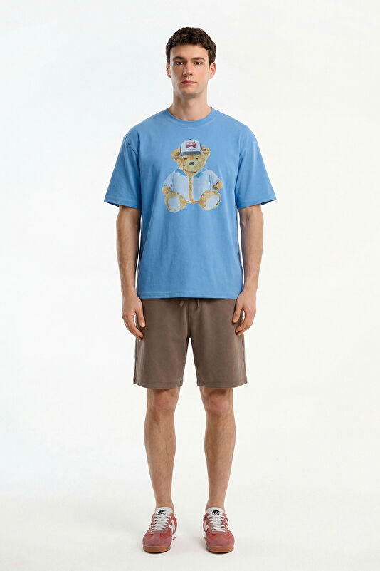 Men's Relaxed Fit Blue Crew Neck Printed T-Shirt 3