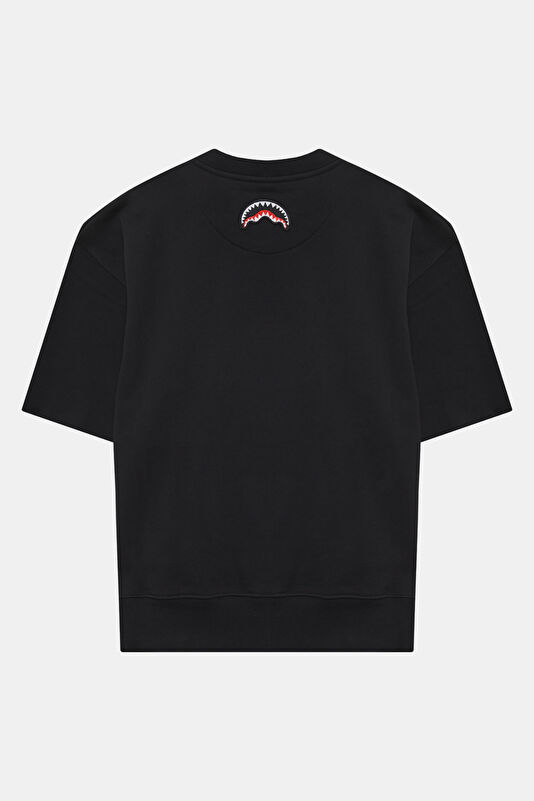 Relax Kalıp Siyah Bisiklet Yaka Nakışlı Erkek T-Shirt 4