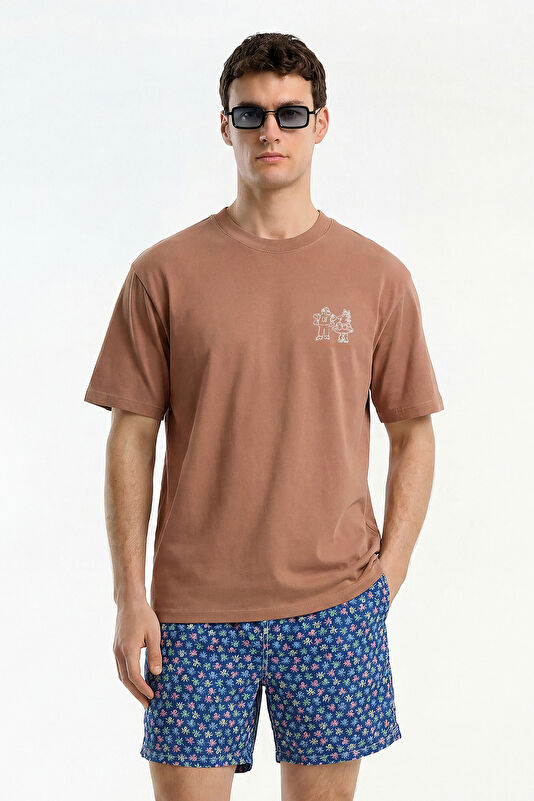 Relax Kalıp Somon Bisiklet Yaka Baskılı Erkek T-Shirt