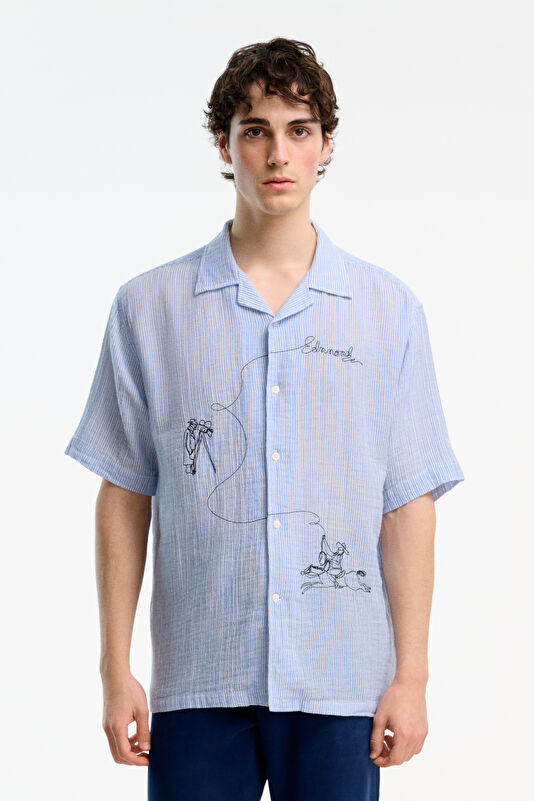 Relax Fit Light Blue Embroidered Resort Collar Men's Shirt