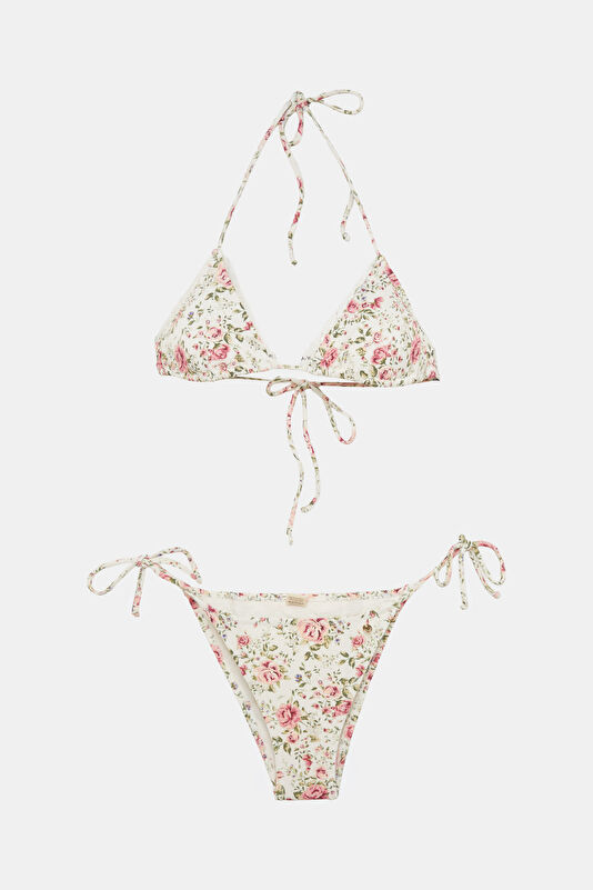 Beyaz Çiçek Desenli Kadın Bikini