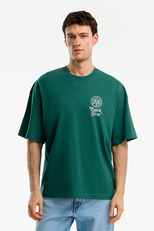 Relax Kalıp Yeşil Bisiklet Yaka Baskılı Erkek T-Shirt
