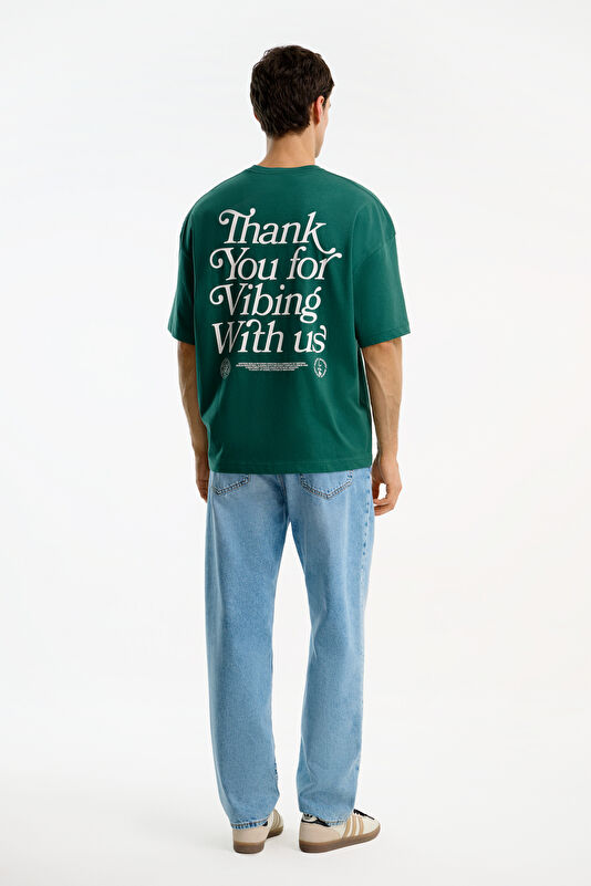 Relax Kalıp Yeşil Bisiklet Yaka Baskılı Erkek T-Shirt 2