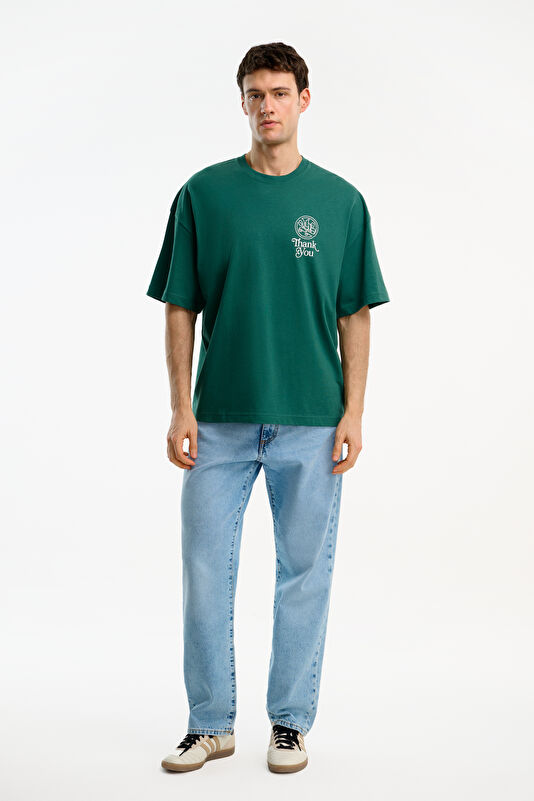 Relax Kalıp Yeşil Bisiklet Yaka Baskılı Erkek T-Shirt 3