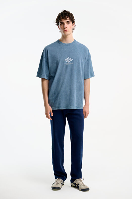 Relax Kalıp Gri Bisiklet Yaka Baskılı Erkek T-Shirt 3