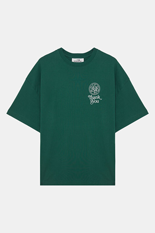 Relax Kalıp Yeşil Bisiklet Yaka Baskılı Erkek T-Shirt 4