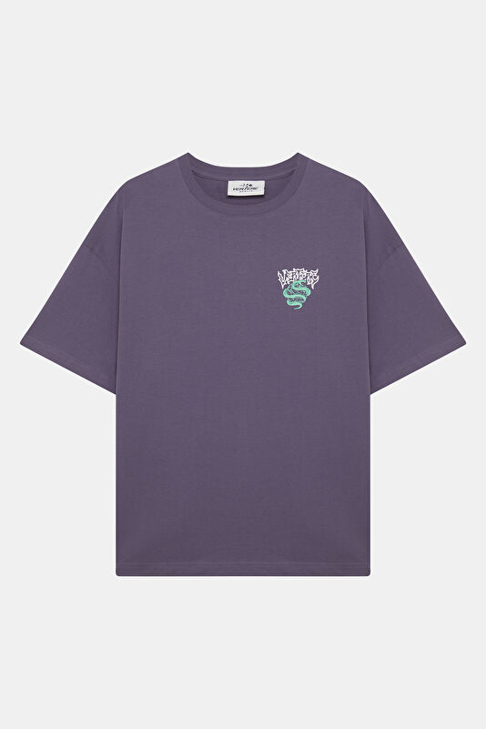 Relax Kalıp Mor Bisiklet Yaka Baskılı Erkek T-Shirt 4