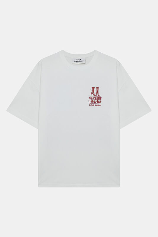 Relax Kalıp Beyaz Bisiklet Yaka Baskılı Erkek T-Shirt