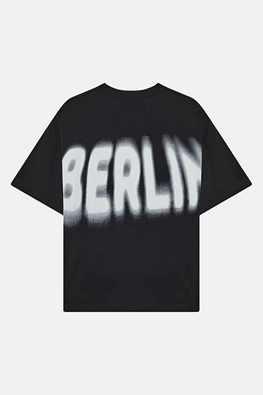 Relax Kalıp Siyah Bisiklet Yaka Baskılı Erkek T-Shirt 2