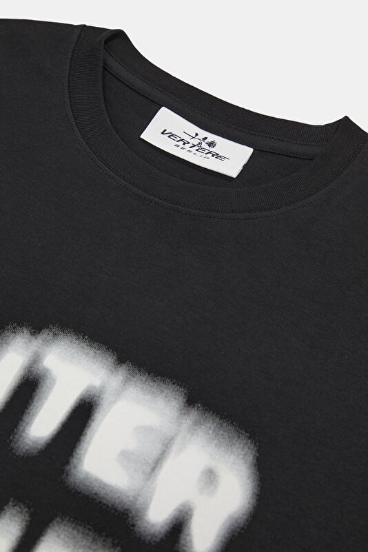 Relax Kalıp Siyah Bisiklet Yaka Baskılı Erkek T-Shirt 3
