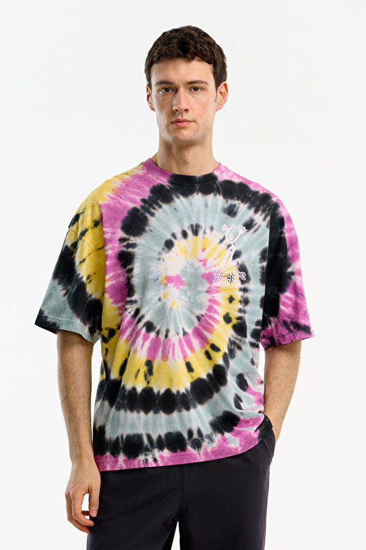 Relax Kalıp Çok Renkli Bisiklet Yaka Baskılı Erkek T-Shirt