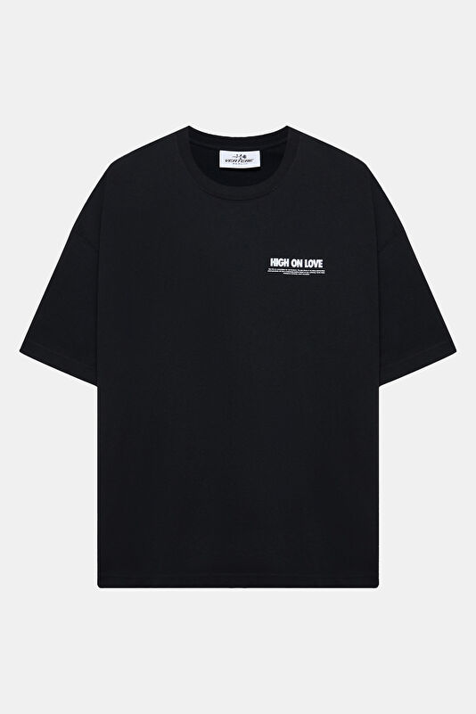 Relax Kalıp Siyah Bisiklet Yaka Baskılı Erkek T-Shirt