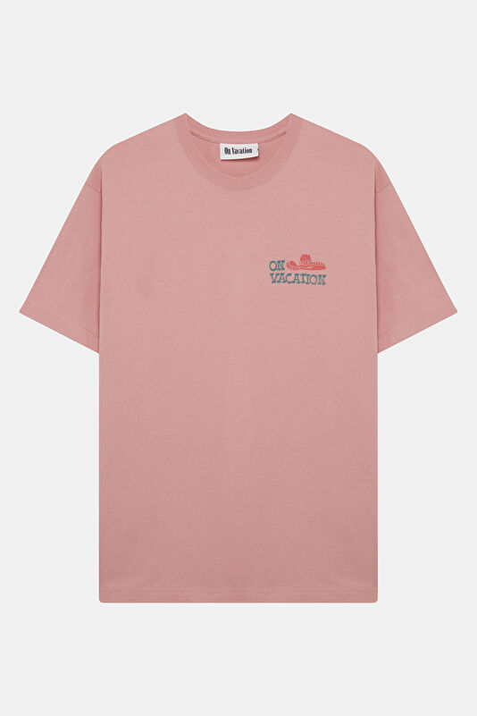 Relax Kalıp Pembe Bisiklet Yaka Baskılı Erkek T-Shirt
