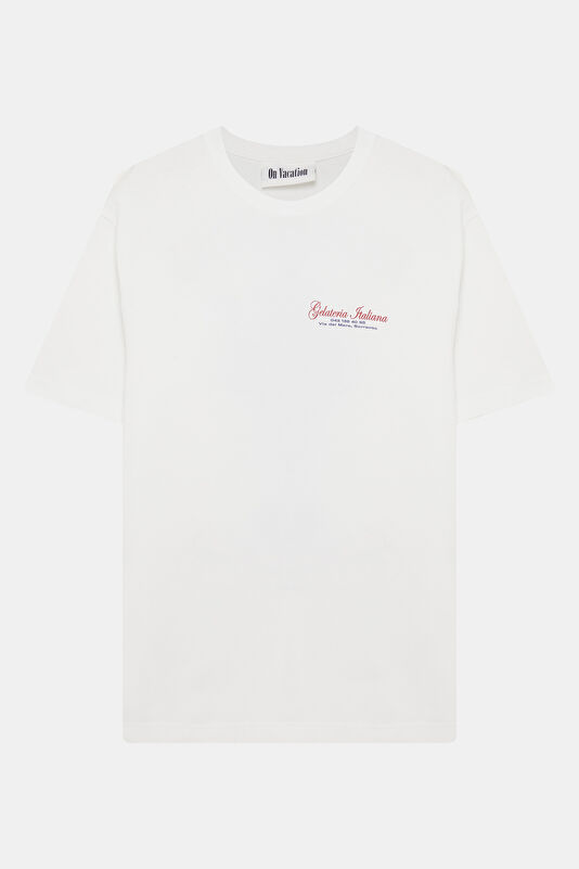 Relax Kalıp Beyaz Bisiklet Yaka Baskılı Erkek T-Shirt