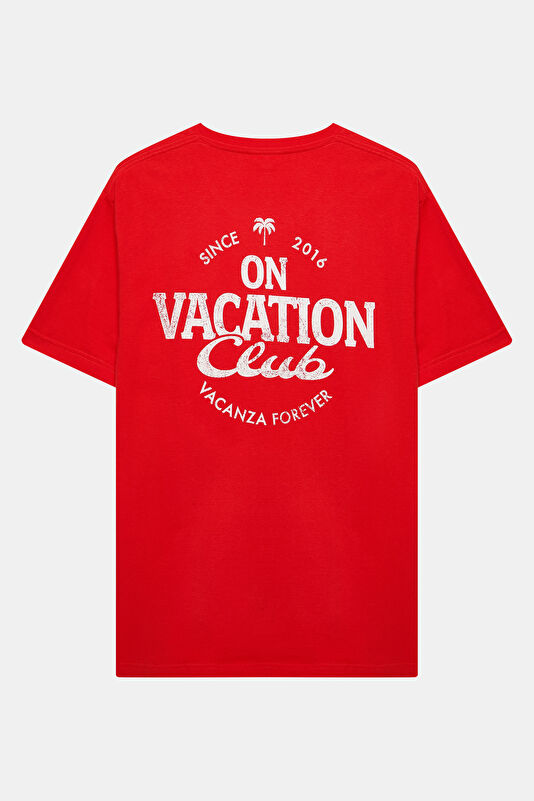 Relax Kalıp Kırmızı Bisiklet Yaka Baskılı Erkek T-Shirt 2
