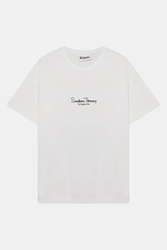 Relax Kalıp Beyaz Bisiklet Yaka Baskılı Erkek T-Shirt