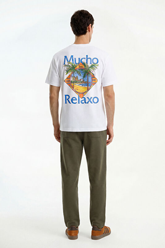 Relax Kalıp Beyaz Bisiklet Yaka Baskılı Erkek T-Shirt 2
